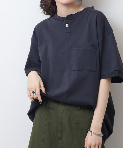 【2025夏 新作】天竺 ヘンリーネック カットオフリブ S/S T #JF175