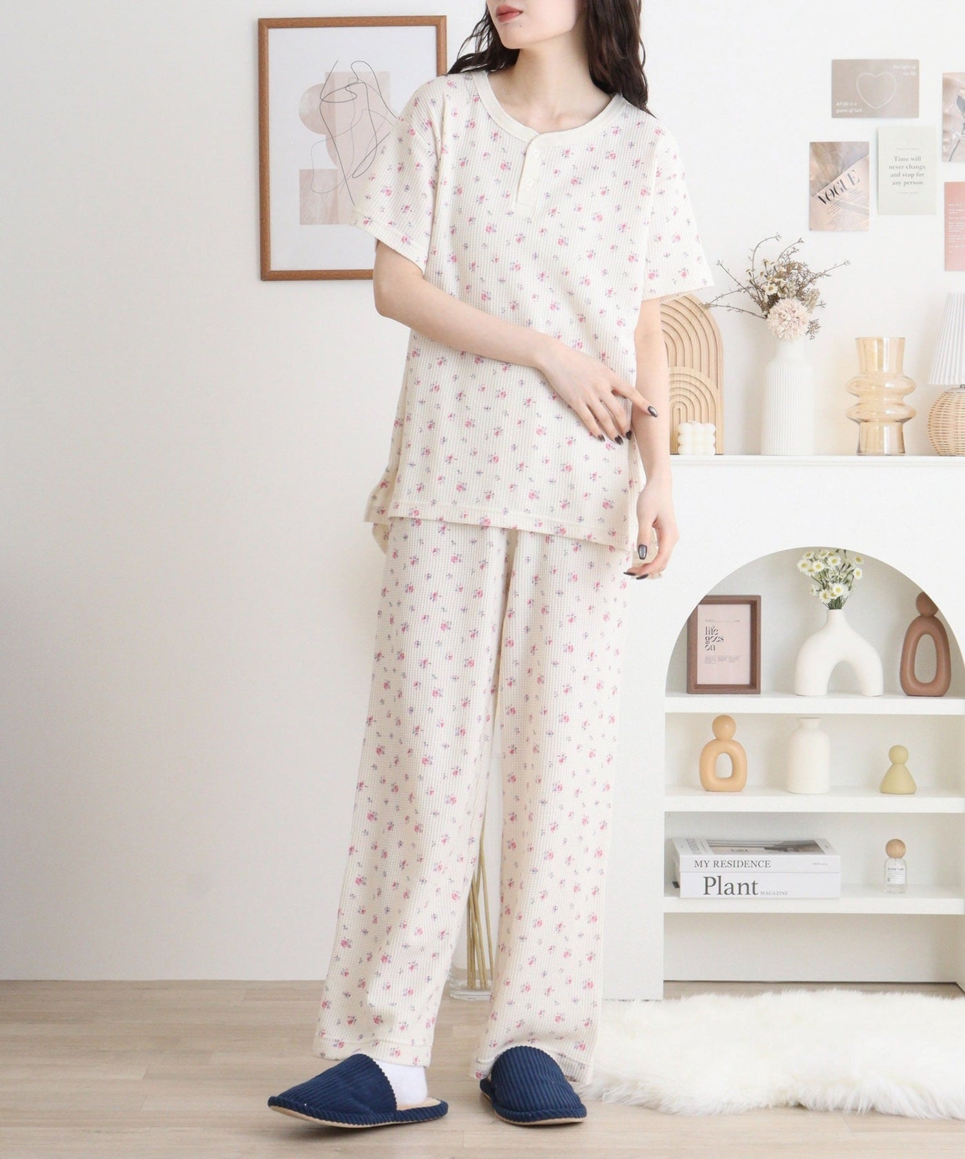 【人気ヘンリーネック】ワッフル花柄半袖ヘンリー&パンツ上下セット(ポーチ付き) #JF519-29S