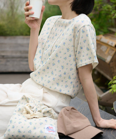 【夏物No.1】ワッフル花柄半袖＆ショーツ上下セット（ポーチ付き） #JD563-29S