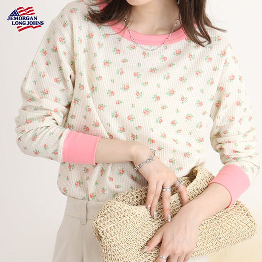 【かわいい衿配色】ワッフル花柄クレリッククルー L/S Tee #JE031-59S