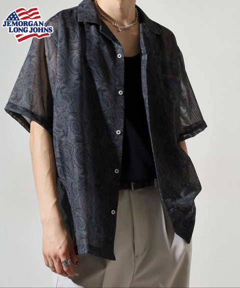 メッシュ総柄プリント オープンカラーシャツ #JF589