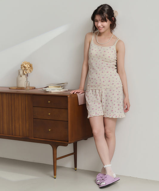 【夏物人気】ワッフル花柄キャミソール＆フリルショーツ上下セット（ポーチ付き） #JE550-29S