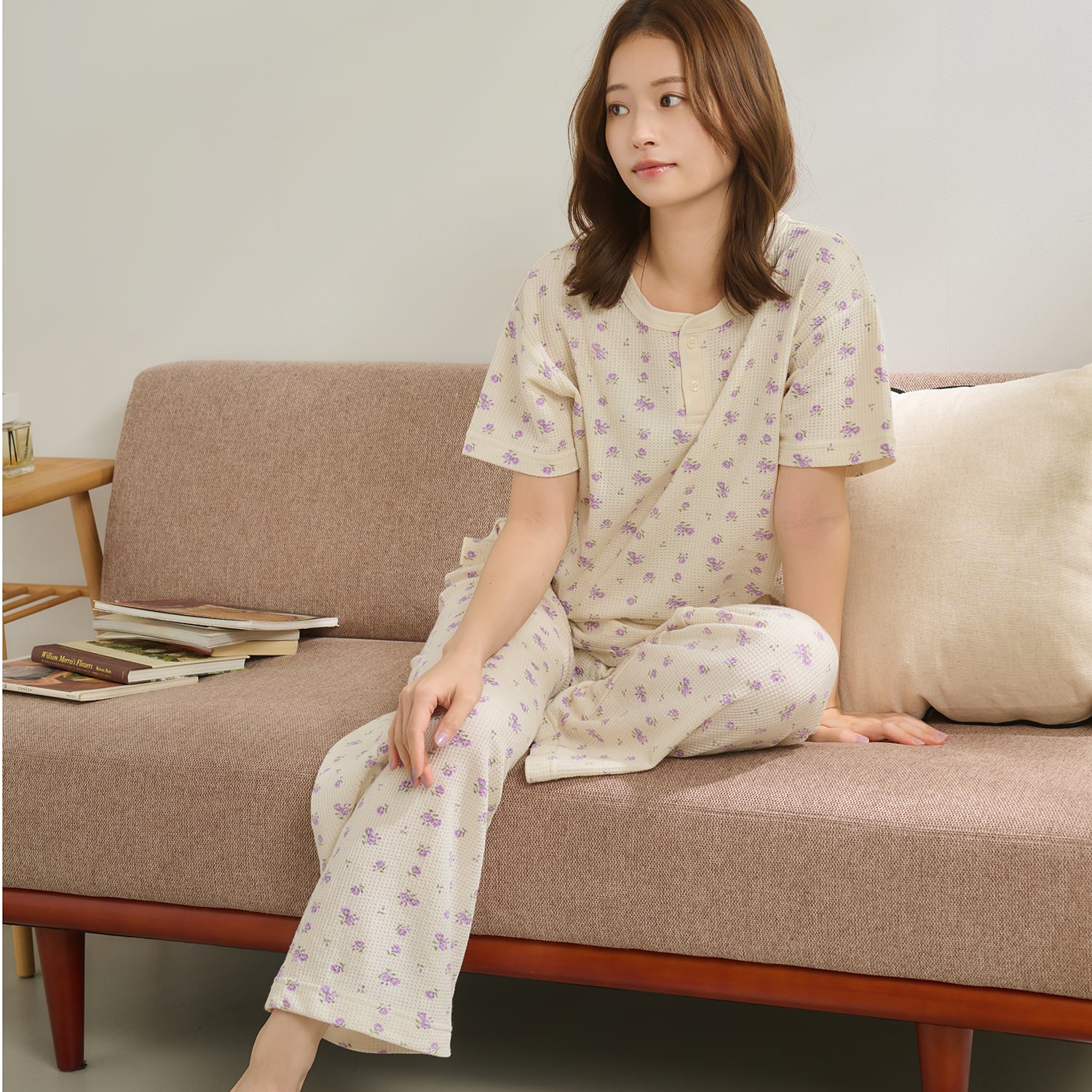 【人気ヘンリーネック】ワッフル花柄半袖ヘンリー＆パンツ上下セット（ポーチ付き） #JF519-29S