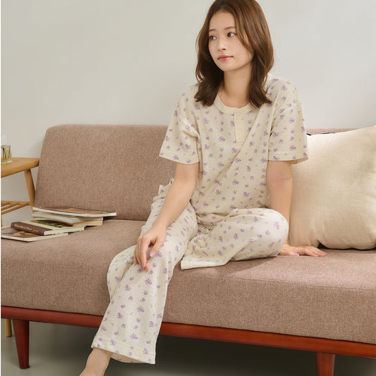 【人気ヘンリーネック】ワッフル花柄半袖ヘンリー＆パンツ上下セット（ポーチ付き） #JF519-29S