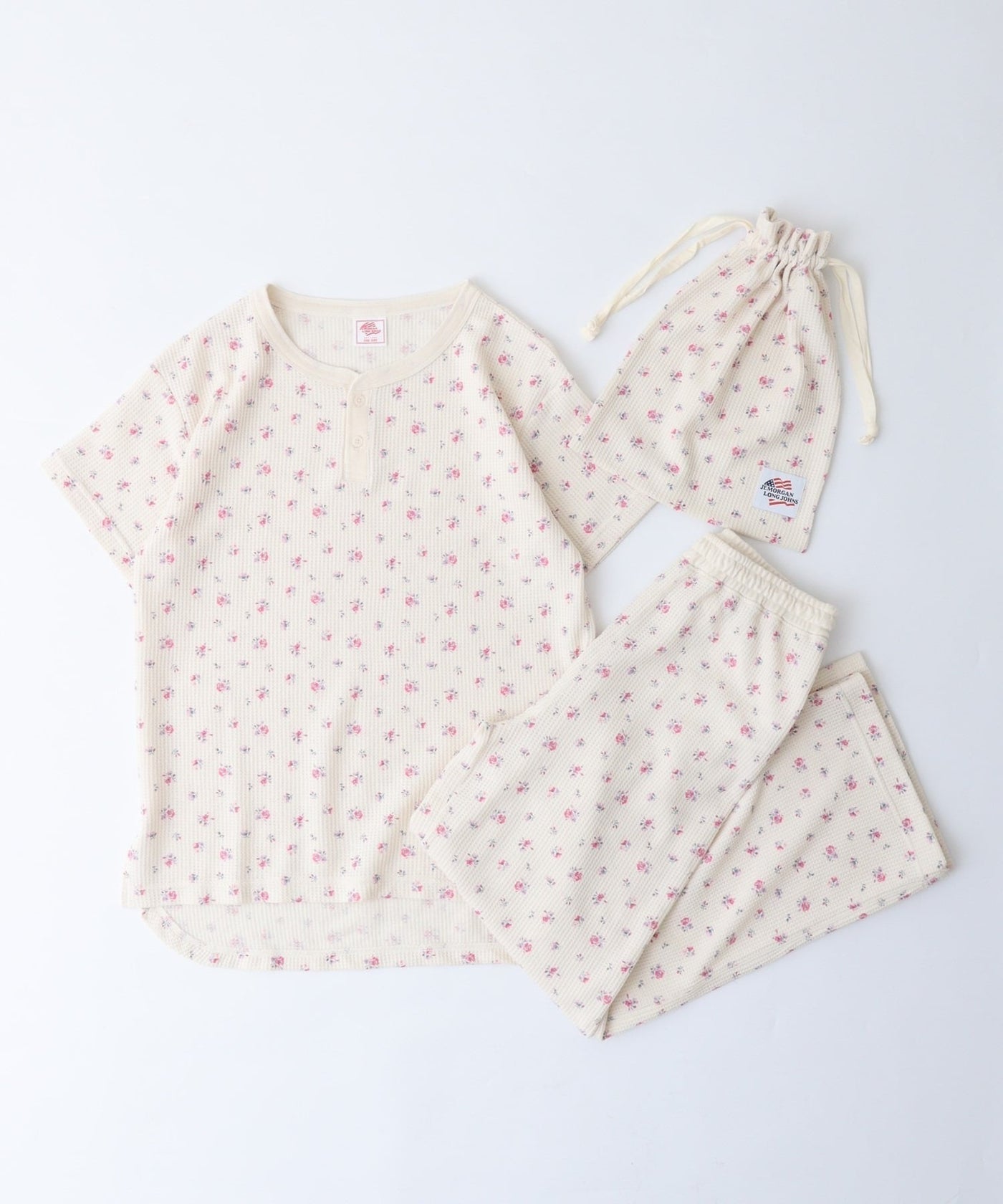 【人気ヘンリーネック】ワッフル花柄半袖ヘンリー＆パンツ上下セット（ポーチ付き） #JF519-29S