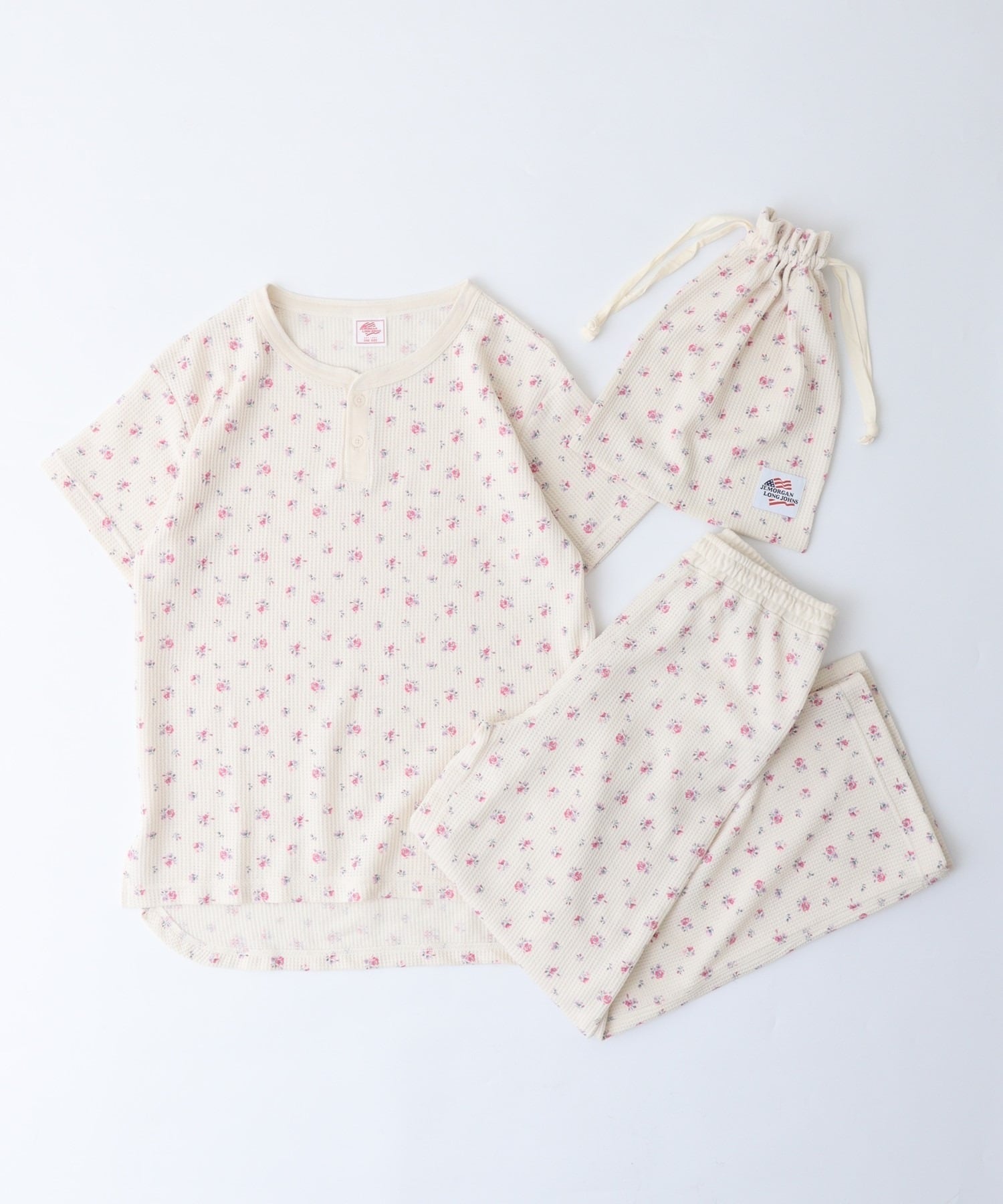 【人気ヘンリーネック】ワッフル花柄半袖ヘンリー＆パンツ上下セット（ポーチ付き） #JF519-29S