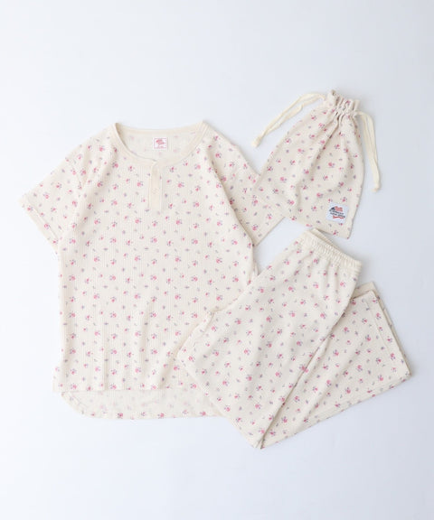 【人気ヘンリーネック】ワッフル花柄半袖ヘンリー＆パンツ上下セット（ポーチ付き） #JF519-29S