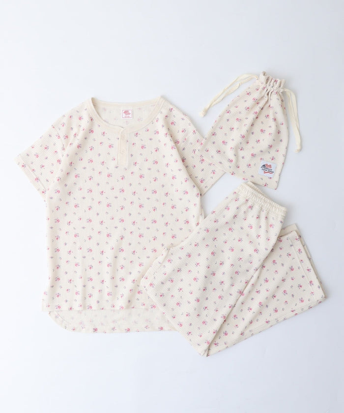 【人気ヘンリーネック】ワッフル花柄半袖ヘンリー＆パンツ上下セット（ポーチ付き） #JF519-29S