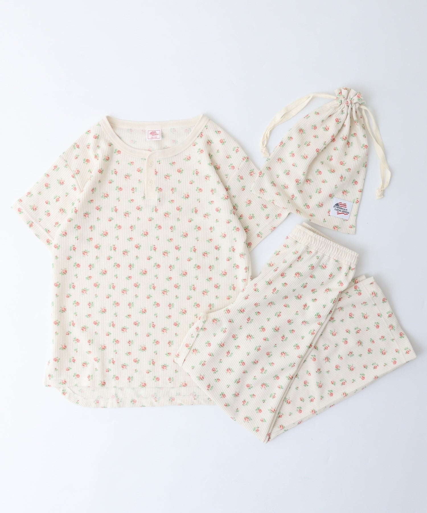 【人気ヘンリーネック】ワッフル花柄半袖ヘンリー＆パンツ上下セット（ポーチ付き） #JF519-29S