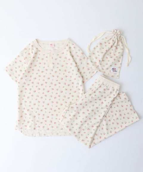 【人気ヘンリーネック】ワッフル花柄半袖ヘンリー＆パンツ上下セット（ポーチ付き） #JF519-29S