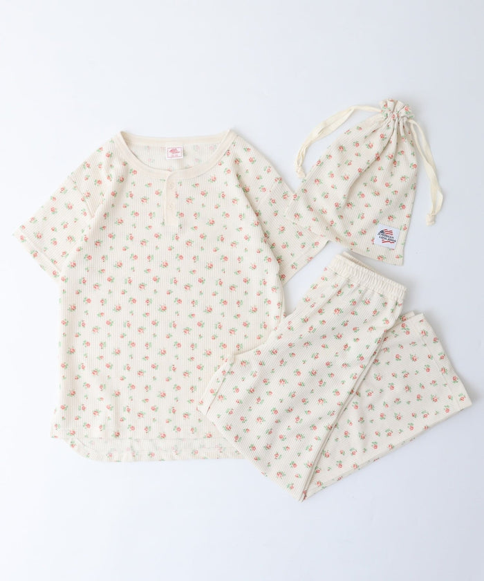 【人気ヘンリーネック】ワッフル花柄半袖ヘンリー＆パンツ上下セット（ポーチ付き） #JF519-29S