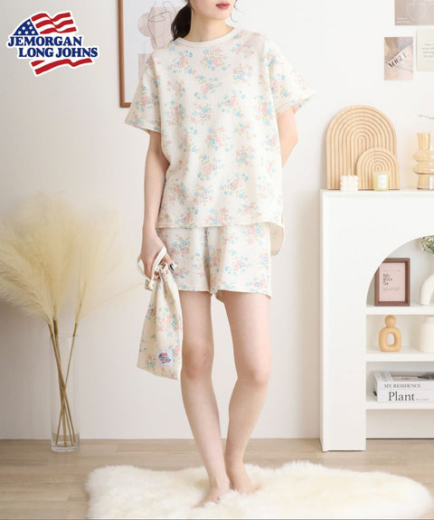 花柄半袖＆ショーツ上下セット（ポーチ付き）【Freeサイズ】 #JD563