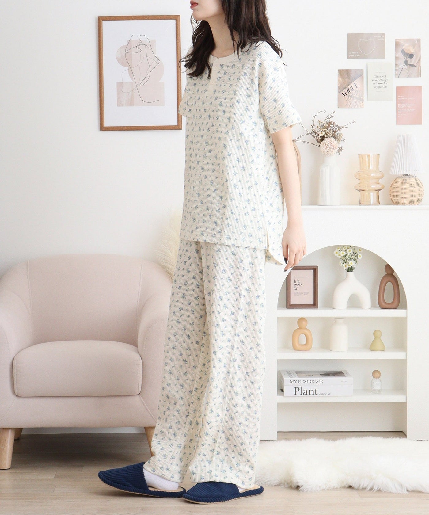 【人気ヘンリーネック】ワッフル花柄半袖ヘンリー＆パンツ上下セット（ポーチ付き） #JF519-29S