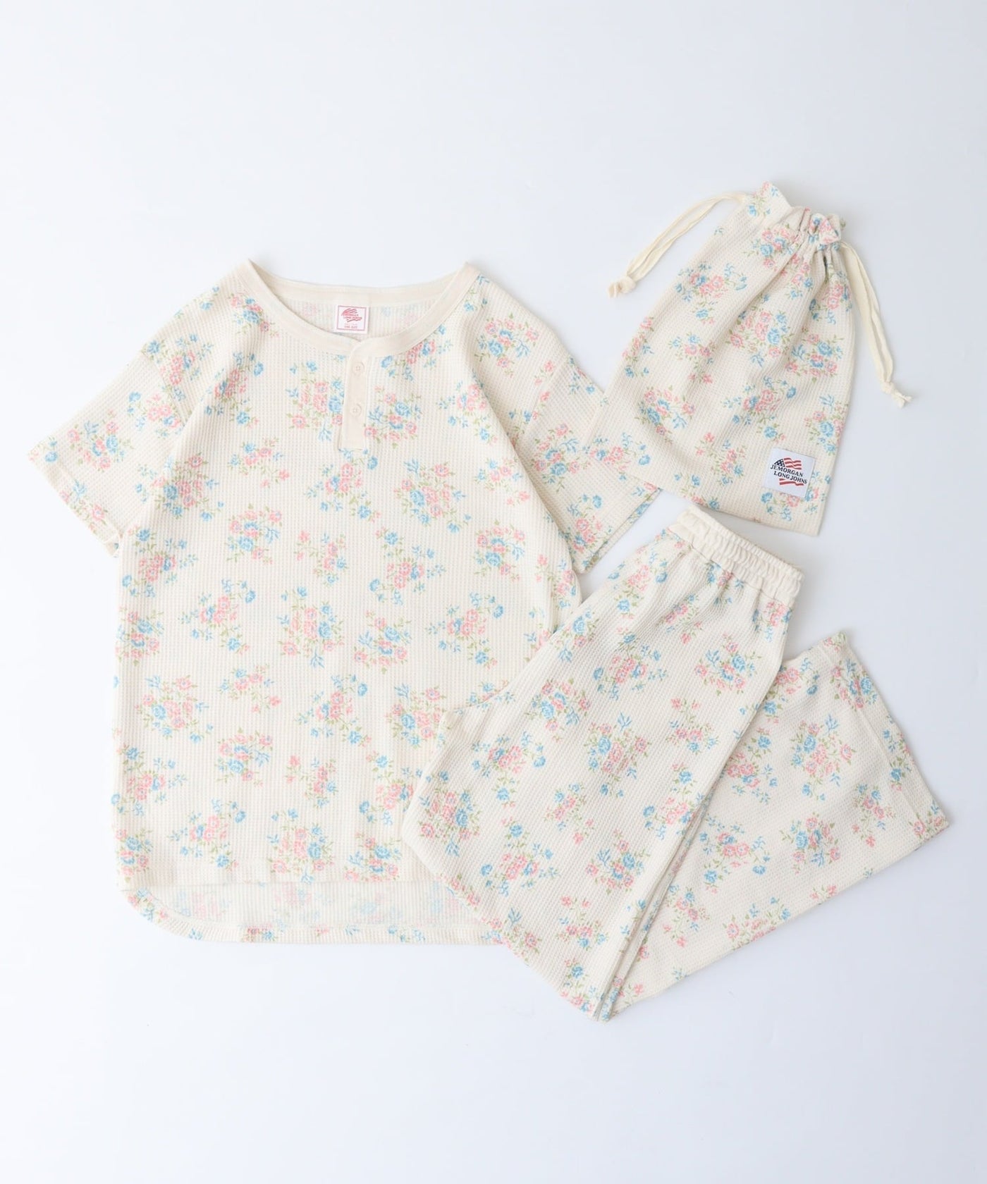 【人気ヘンリーネック】ワッフル花柄半袖ヘンリー＆パンツ上下セット（ポーチ付き） #JF519-29S