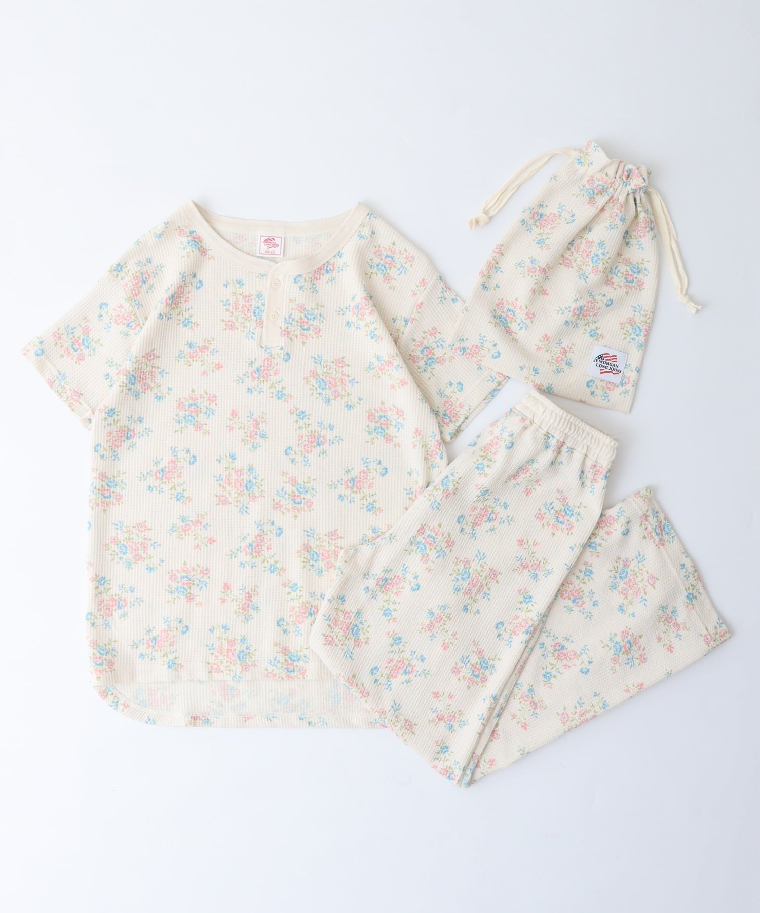 【人気ヘンリーネック】ワッフル花柄半袖ヘンリー＆パンツ上下セット（ポーチ付き） #JF519-29S