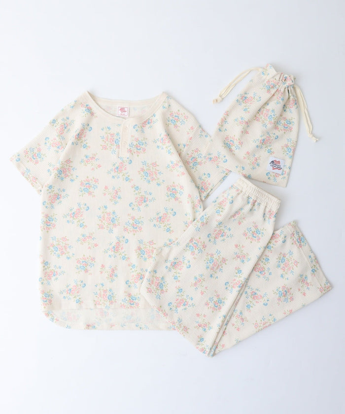 【人気ヘンリーネック】ワッフル花柄半袖ヘンリー＆パンツ上下セット（ポーチ付き） #JF519-29S