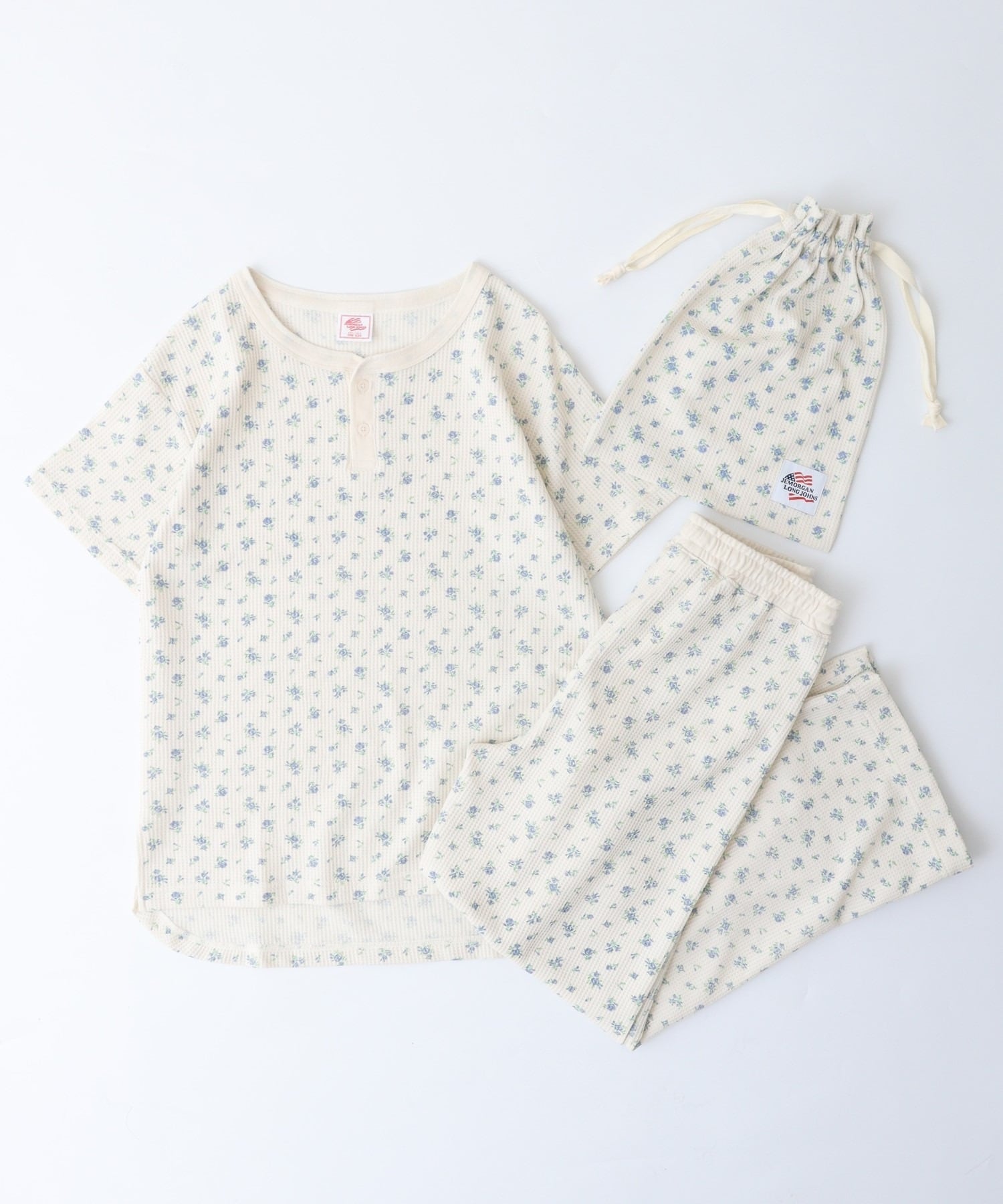 【人気ヘンリーネック】ワッフル花柄半袖ヘンリー＆パンツ上下セット（ポーチ付き） #JF519-29S