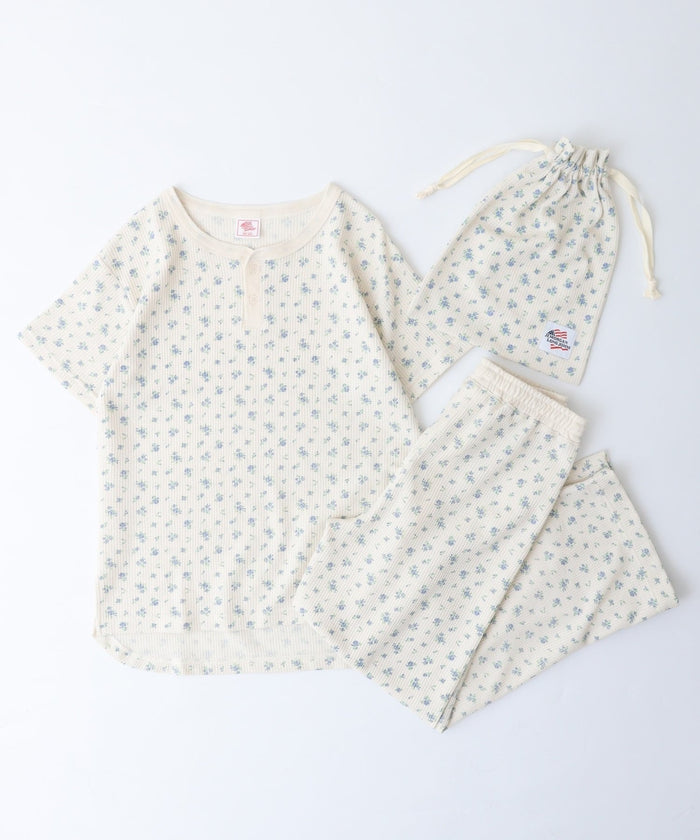 【人気ヘンリーネック】ワッフル花柄半袖ヘンリー＆パンツ上下セット（ポーチ付き） #JF519-29S
