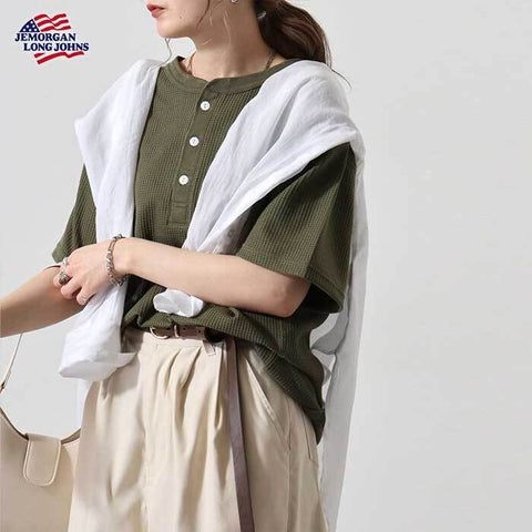 【人気アイテム】ワッフルヘンリーネック半袖Ｔ（パック入り） #JE197