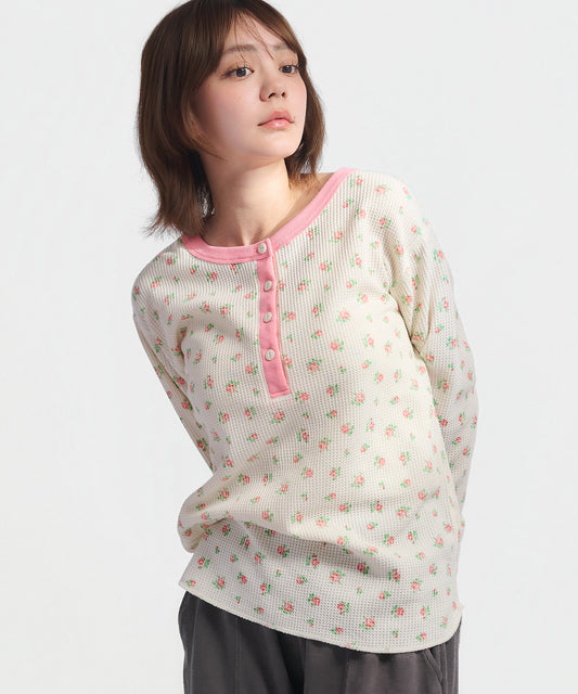 【かわいい衿配色】ワッフル花柄クレリックヘンリー L/S Tee #JE130-59S