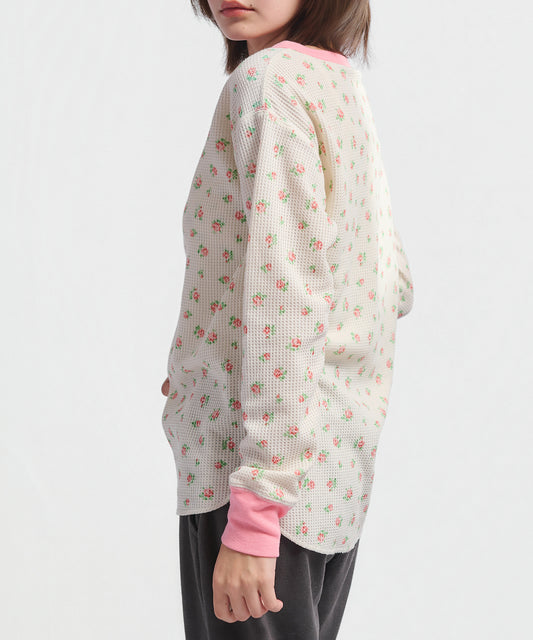 【かわいい衿配色】ワッフル花柄クレリックヘンリー L/S Tee #JE130-59S