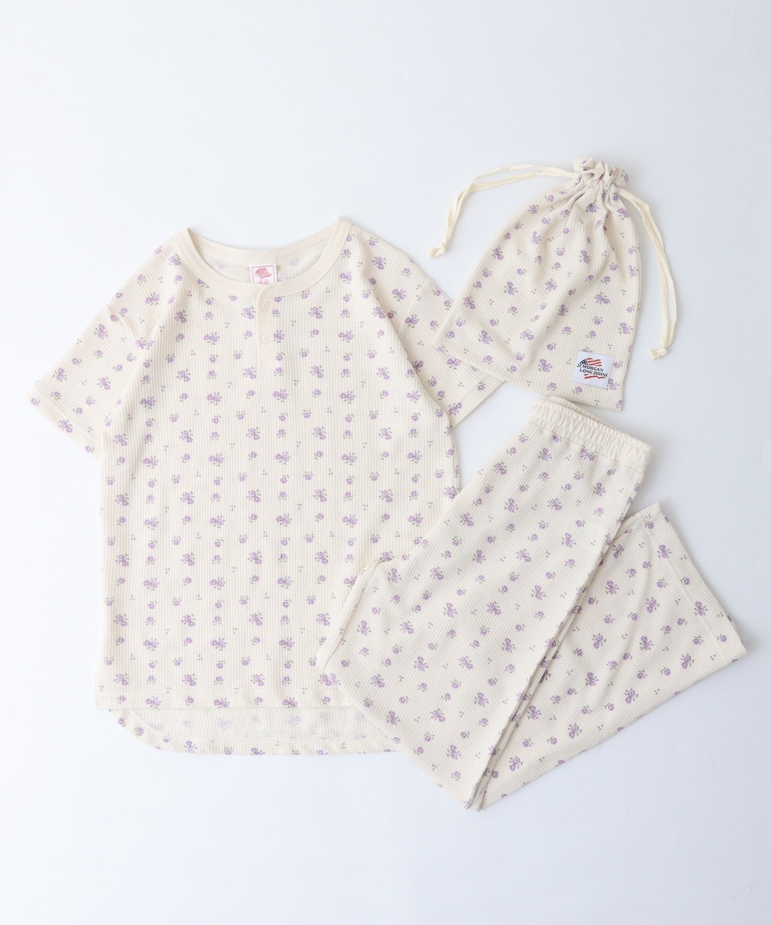 【人気ヘンリーネック】ワッフル花柄半袖ヘンリー＆パンツ上下セット（ポーチ付き） #JF519-29S