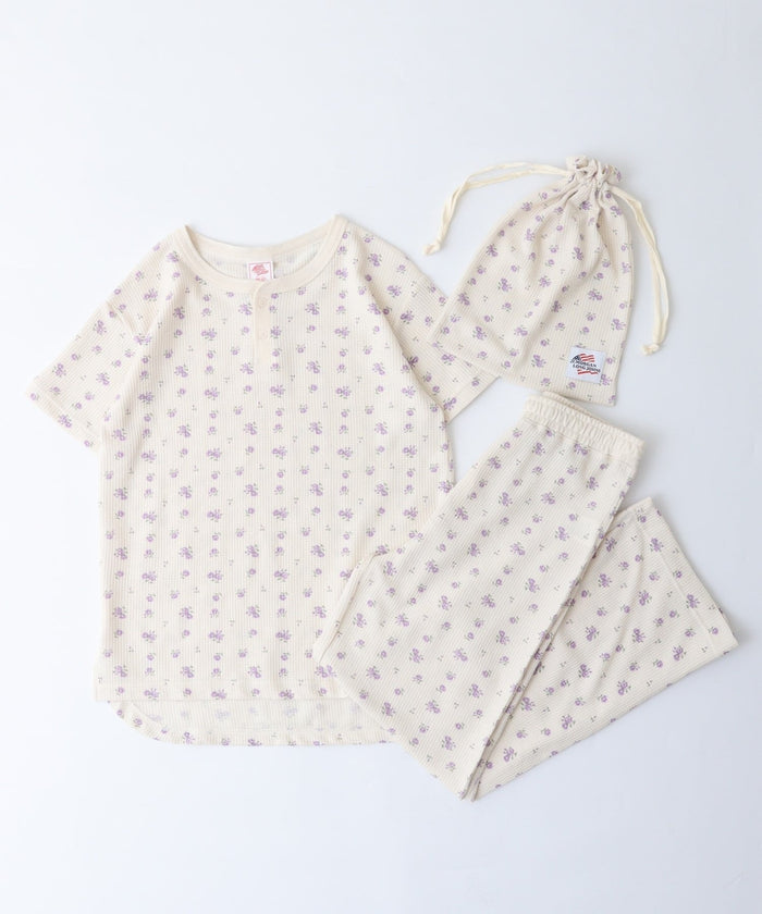 【人気ヘンリーネック】ワッフル花柄半袖ヘンリー＆パンツ上下セット（ポーチ付き） #JF519-29S