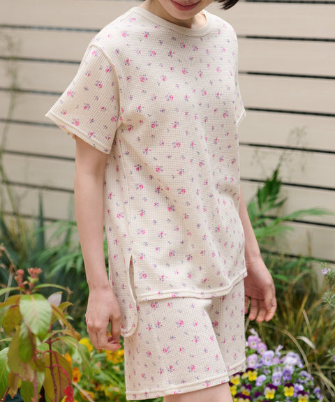 【夏物No.1】ワッフル花柄半袖＆ショーツ上下セット（ポーチ付き） #JD563-29S